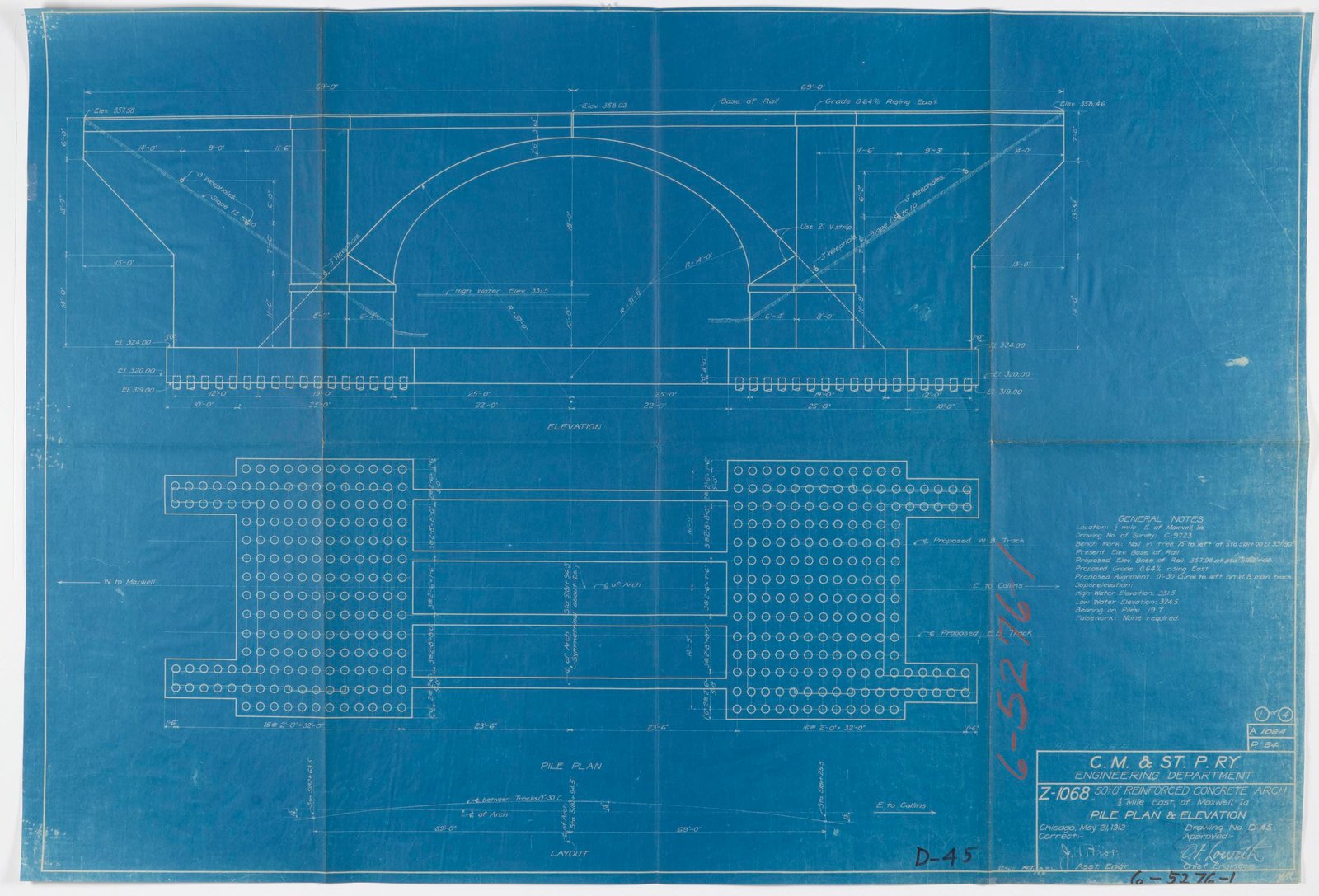 Pile plan and elevation.  Courtesy of Milwaukee Road Archives at the Milwaukee Public Library.